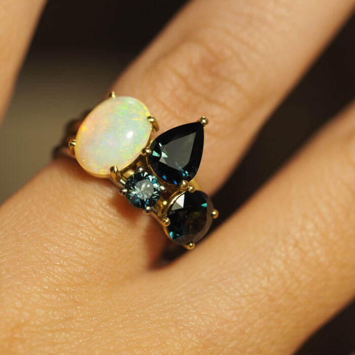 Australian parti sapphire and Australian opal stack rings