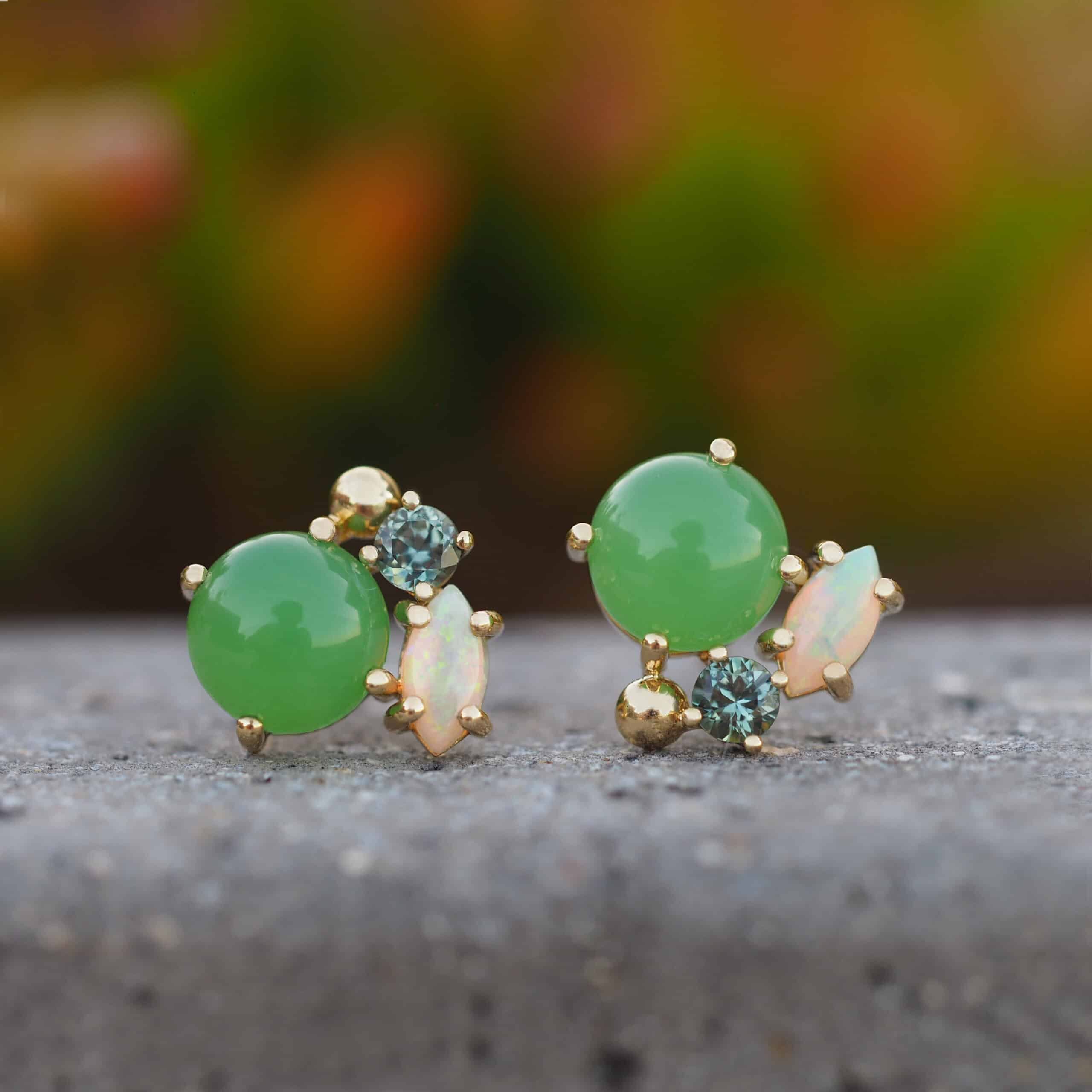 Chrysoprase opal and sapphires cluster earrings by Marina Antoniou