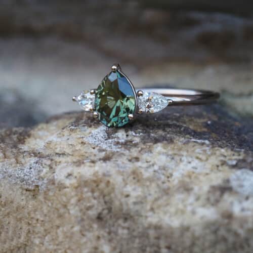Marina Antoniou pear shaped Australian parti sapphire and diamond engagement ring