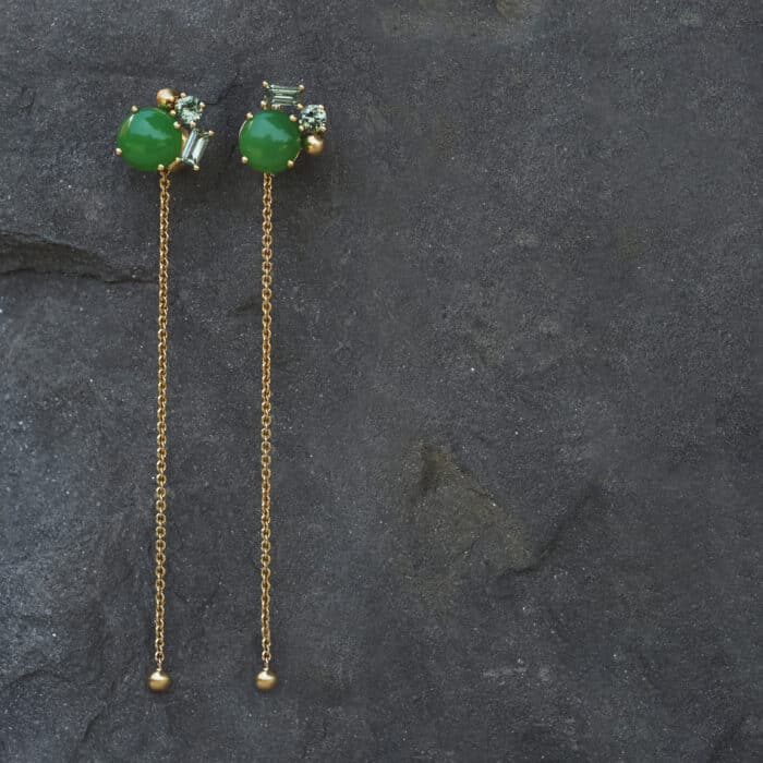 Green stud cluster earrings in yellow gold with Australian chrysoprase and Australian sapphires