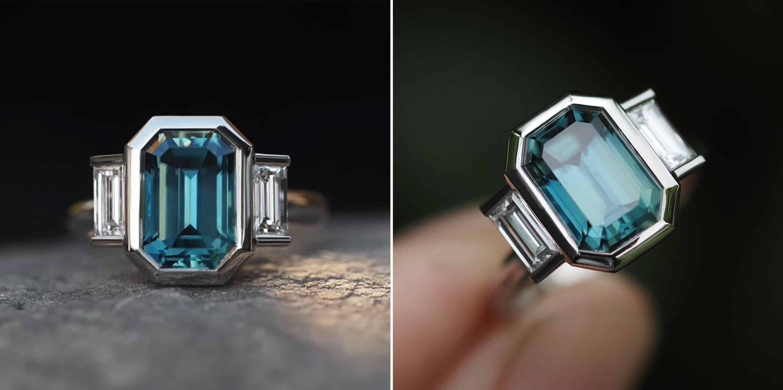 Platinum ring with an emerald cut Australian sapphire and diamonds