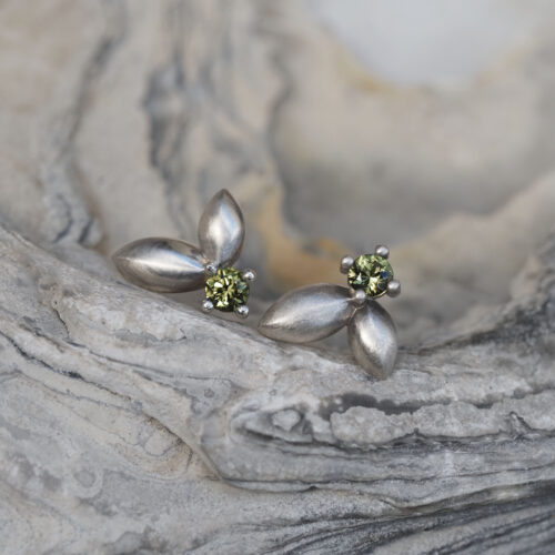 Olive Green Silver Eucalypt Leaf Studs - Marina Antoniou Jewellery