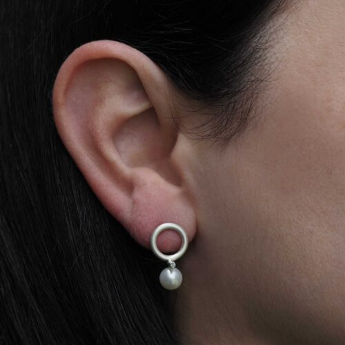 Silver Line and Circle Pearl Earrings with Australian Sapphires - Marina Antoniou Jewellery